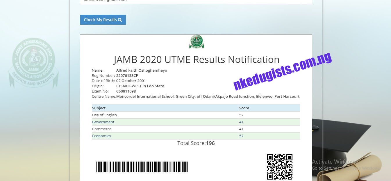 Picture of Original Jamb result
